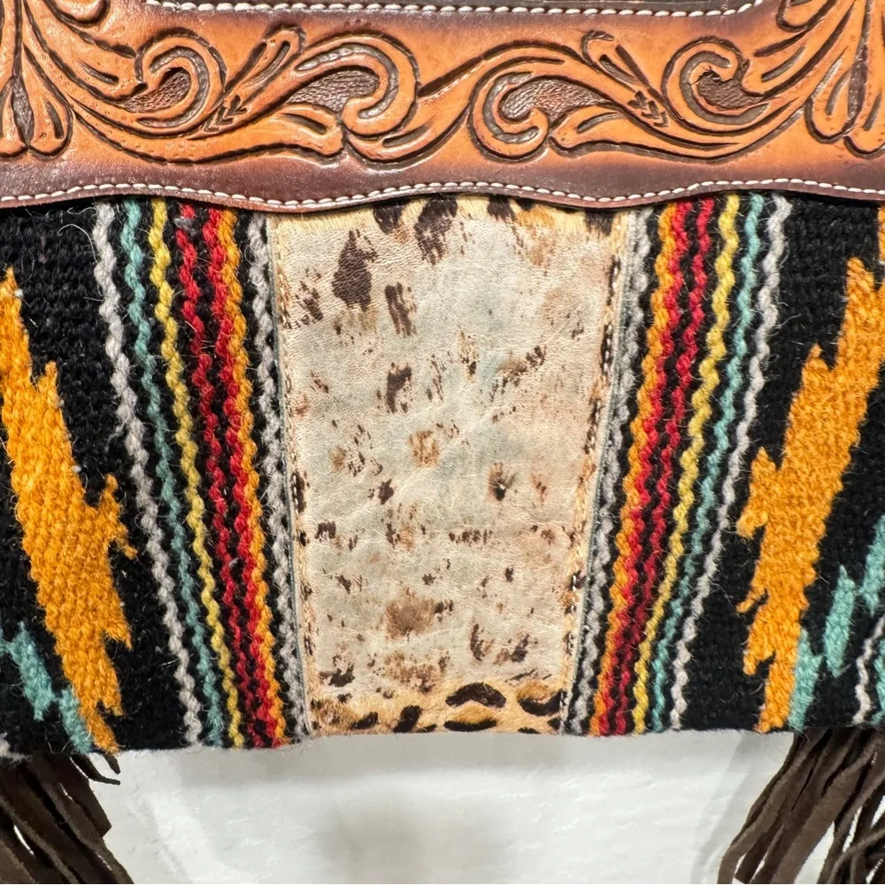 Rafter T Ranch Co Tooled Leather Should Bag Purse Southwestern Aztec Fringed - Picture 9 of 10
